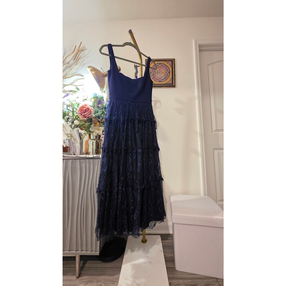 Adrianna Papell Navy Lace Tiered Dress Size 12 NWT Square‑Neck Midi - Picture 6 of 6